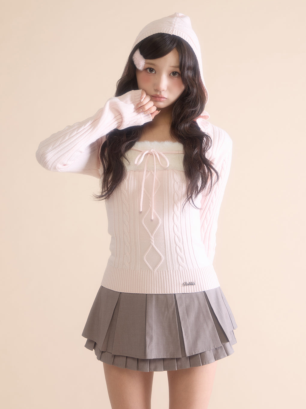BUBBLES】cable ribbon hoodie knit tops