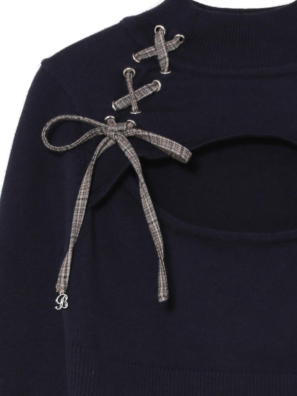 lace up check knit tops